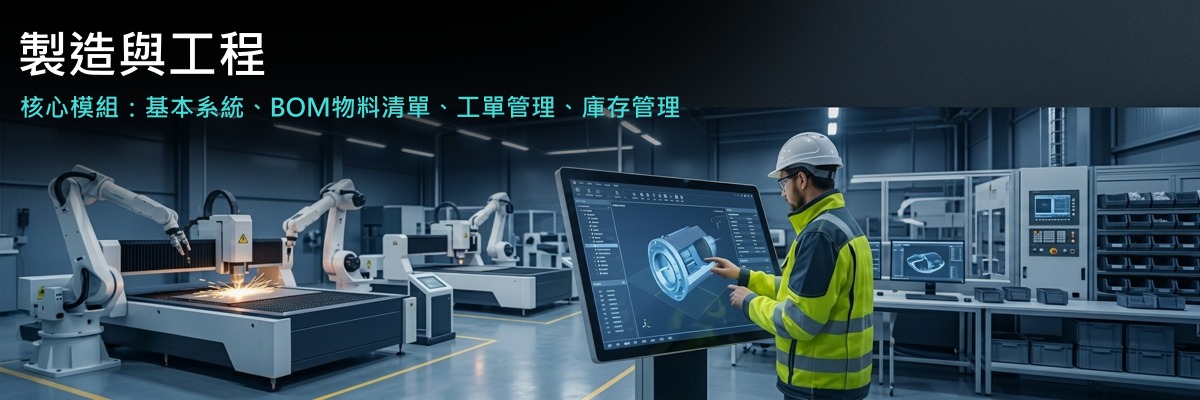 製造與工程：核心模組包括基本系統、BOM 物料清單、工單管理、庫存管理