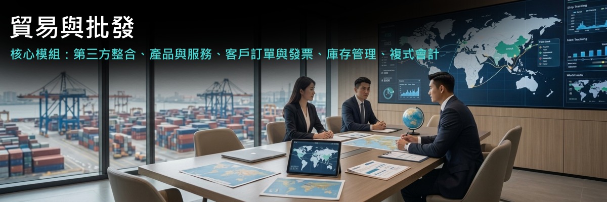 貿易與批發：核心模組包括第三方整合、產品與服務、客戶訂單與發票、庫存管理、複式會計